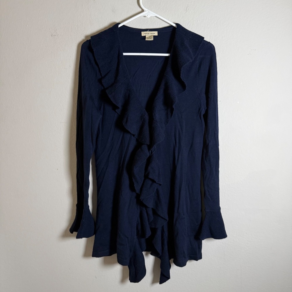 Vertical Design Navy‎ Blue 100% Merino Wool Ruffle Front Bell Sleeve Cardigan S